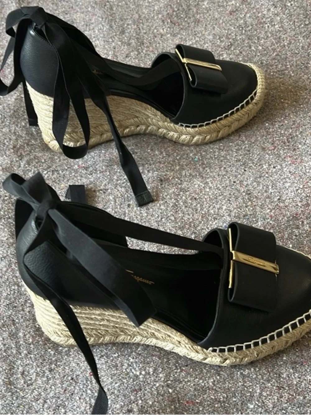 Salvatore Ferragamo Black Leather Geranio Espadrille Wedges with Ribbon Tie